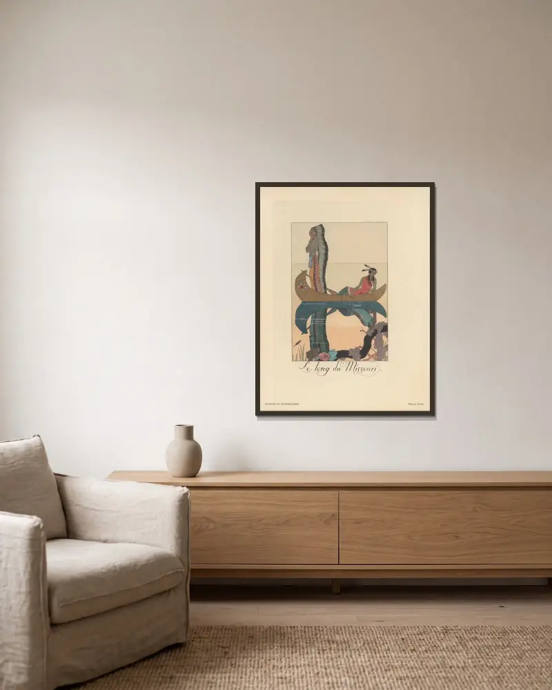 Längs Missouri (Falbalas och krusiduller) av George Barbier inramad på en vägg