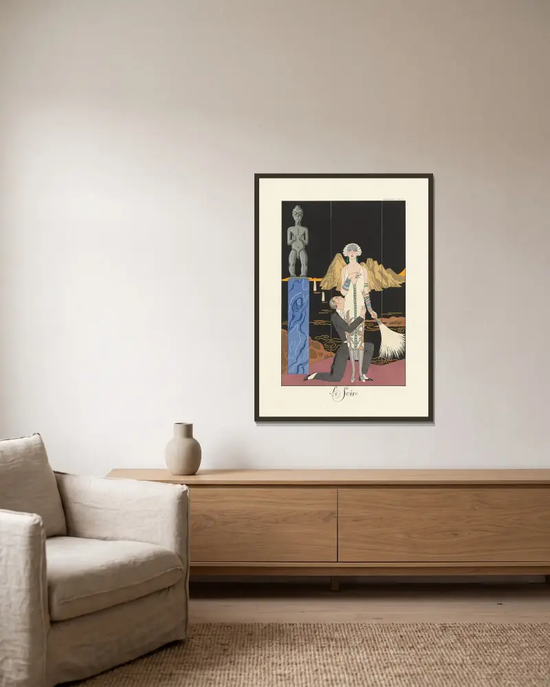 Kväll av George Barbier inramad på en vägg