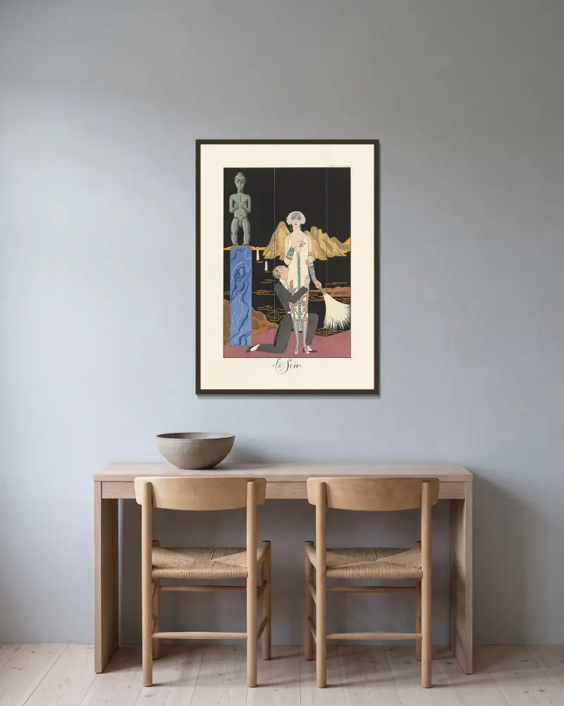 Kväll av George Barbier inramad på en vägg