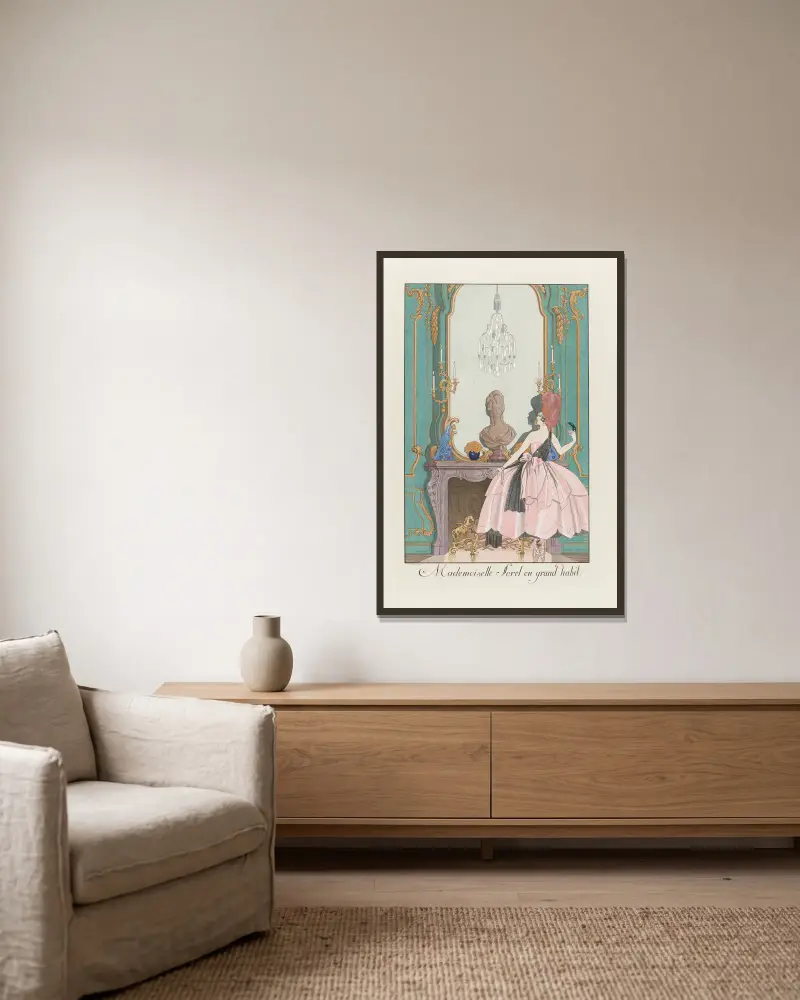 Mademoiselle Sorel en grand habit av George Barbier inramad på en vägg