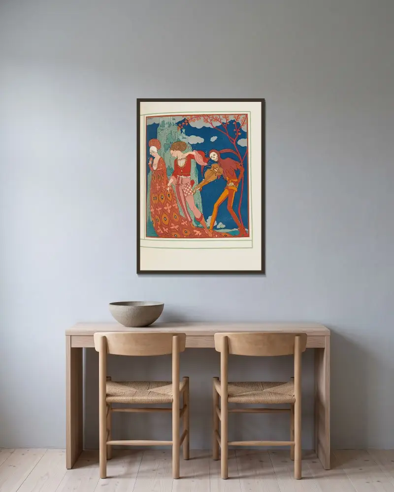 Kommedifigurer av George Barbier inramad på en vägg