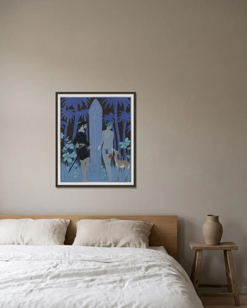 Pocahontas möter John Smith av George Barbier inramad på en vägg