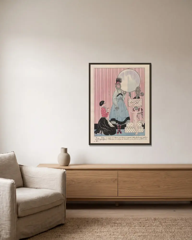 Scen i en hattaffär av George Barbier inramad på en vägg