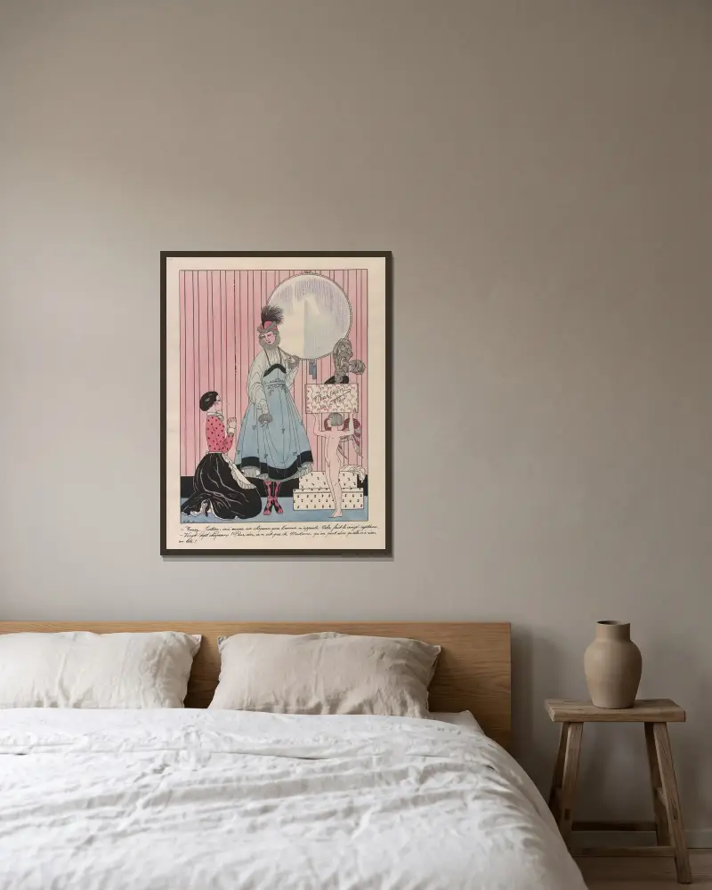 Scen i en hattaffär av George Barbier inramad på en vägg