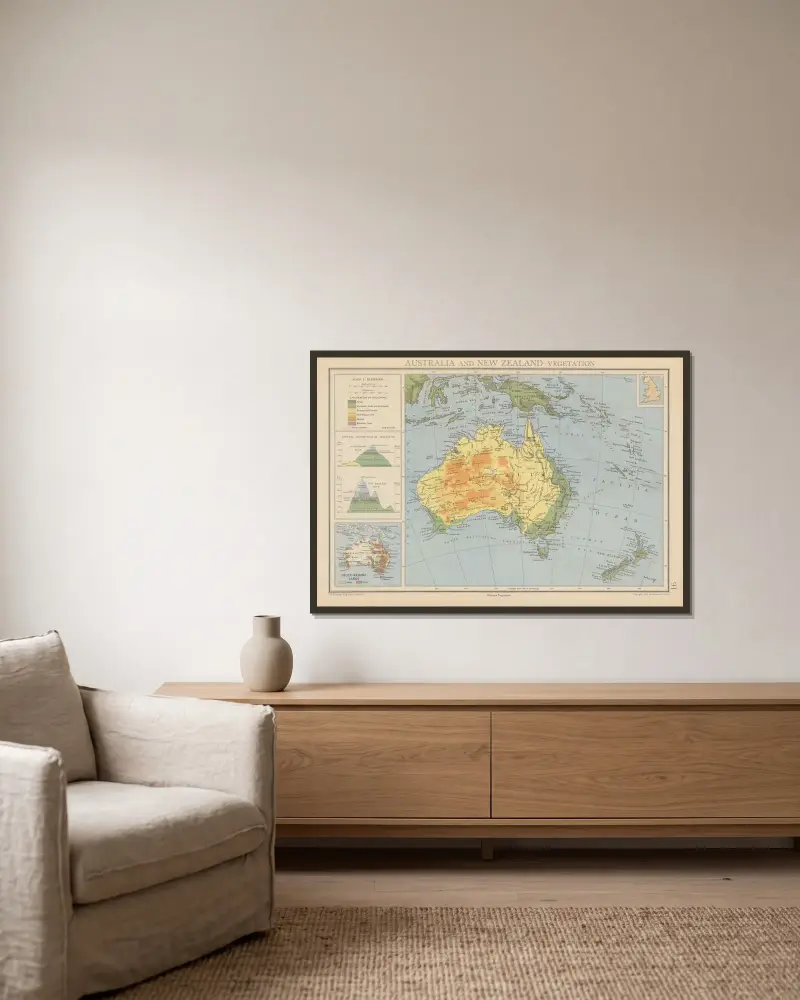 Australien och Nya Zeeland, vegetation av John George Bartholomew inramad på en vägg