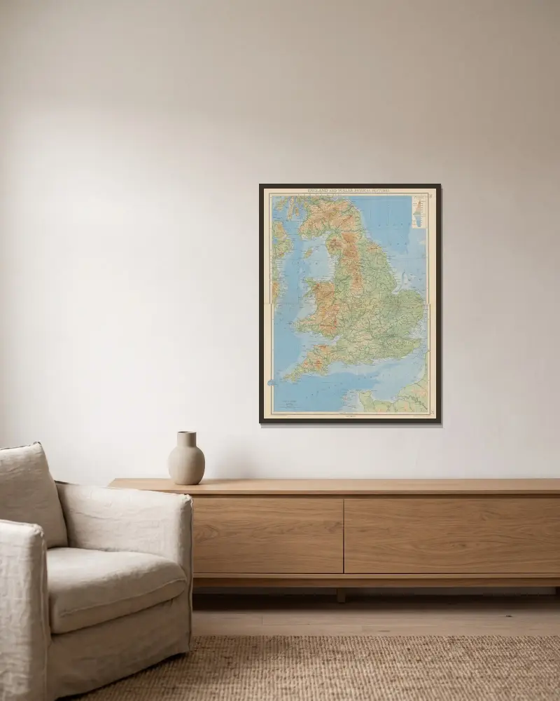 England and Wales – Physical Features av John George Bartholomew inramad på en vägg