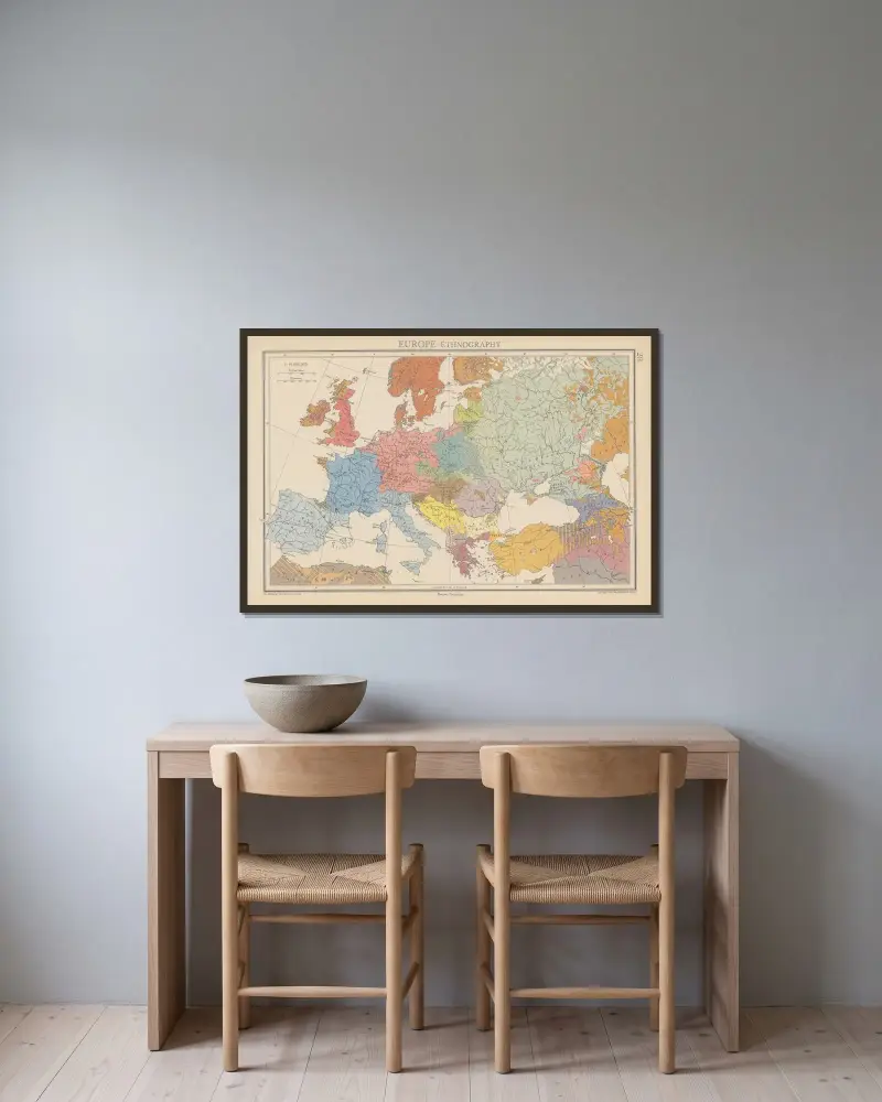 Europe, Ethnography av John George Bartholomew inramad på en vägg