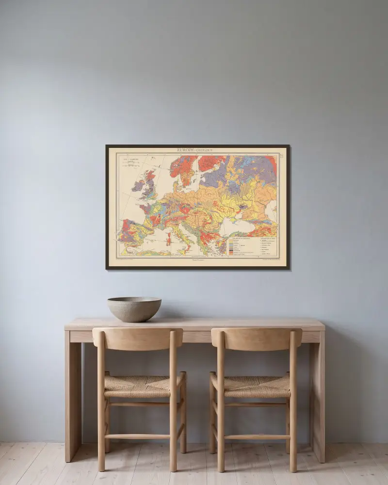 Europe, Geology av John George Bartholomew inramad på en vägg