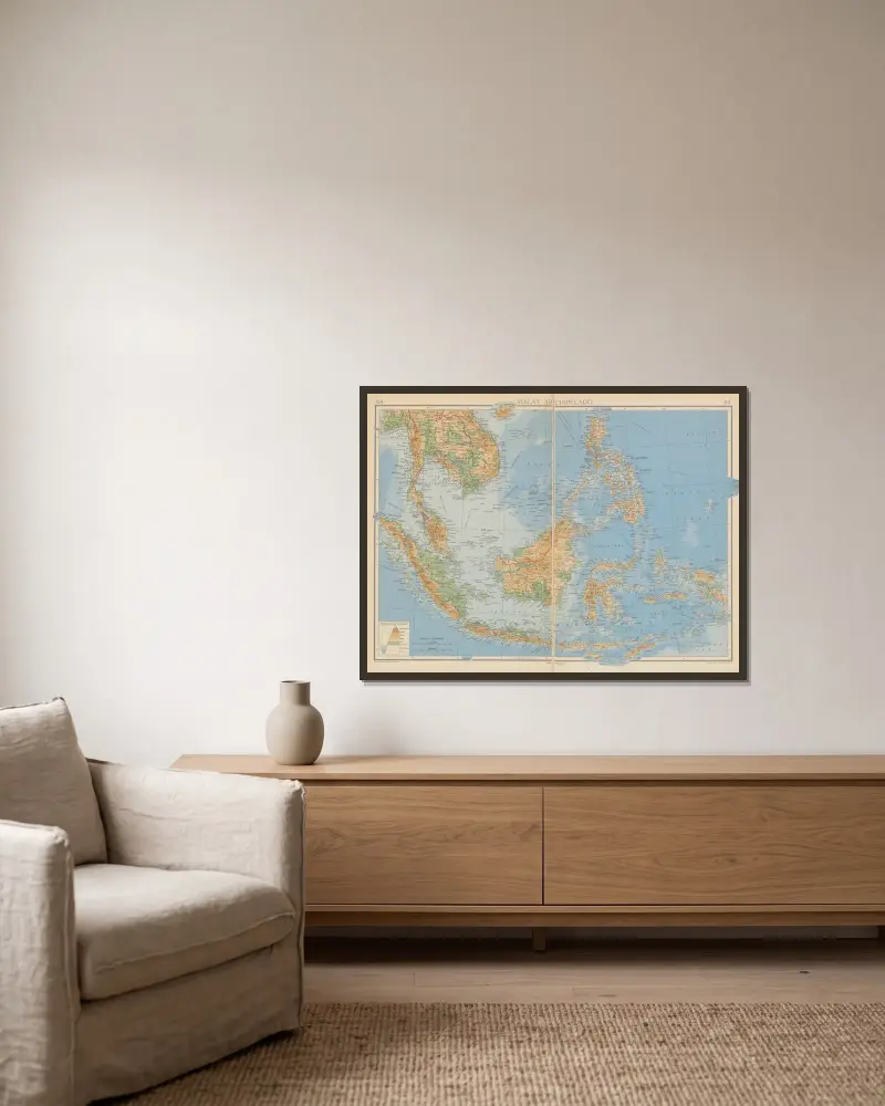 Malaiischer Archipel von John George Bartholomew gerahmt an einer Wand