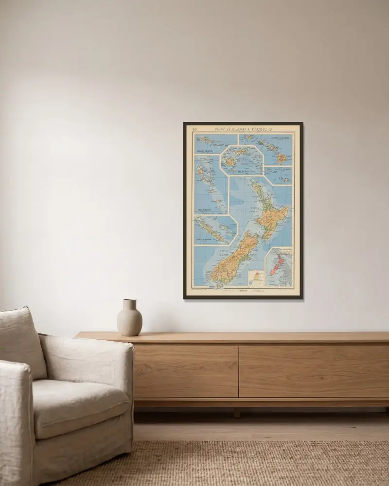 Nya Zeeland och Stillahavsöarna av John George Bartholomew inramad på en vägg