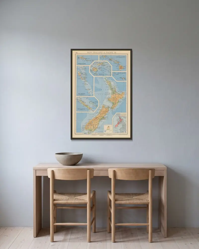 Nya Zeeland och Stillahavsöarna av John George Bartholomew inramad på en vägg