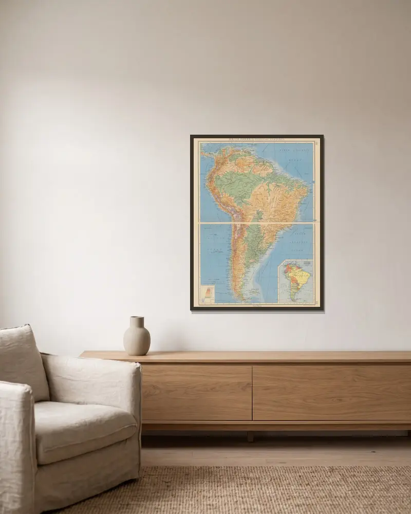 South America – Physical Features av John George Bartholomew inramad på en vägg