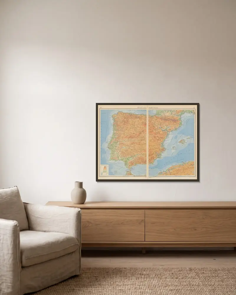 Spain and Portugal av John George Bartholomew inramad på en vägg