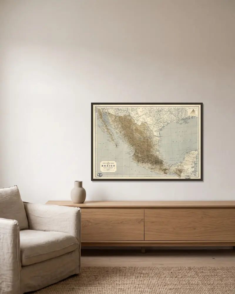 The National Geographic Magazine map of Mexico av John George Bartholomew inramad på en vägg