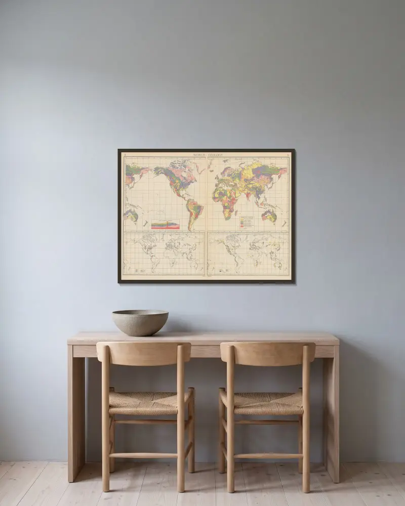 Weltgeologie von John George Bartholomew gerahmt an einer Wand