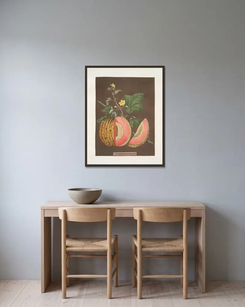 Cantaloupemeloner av George Brookshaw inramad på en vägg