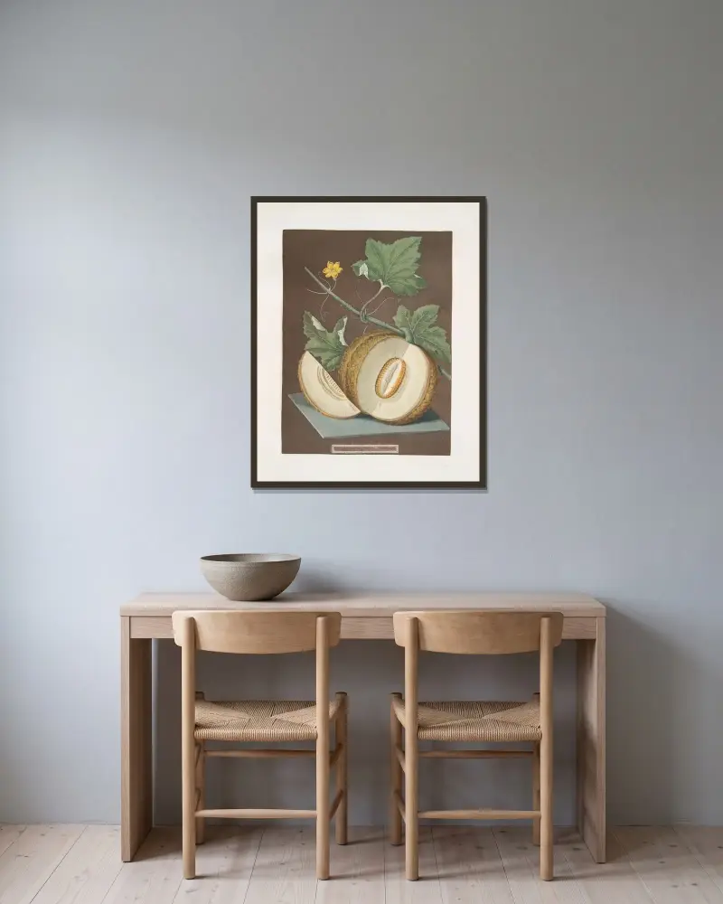 Grönt kött eller Candia-melon av George Brookshaw inramad på en vägg