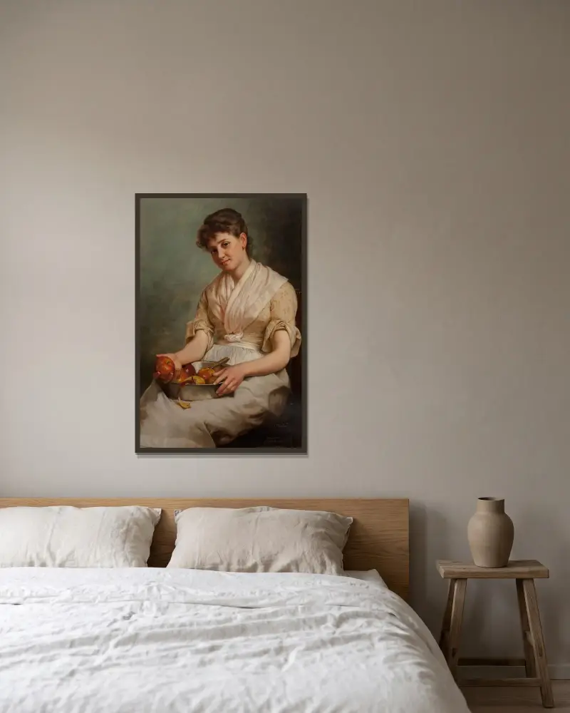 Flicka skalär äpplen av John George Brown inramad på en vägg