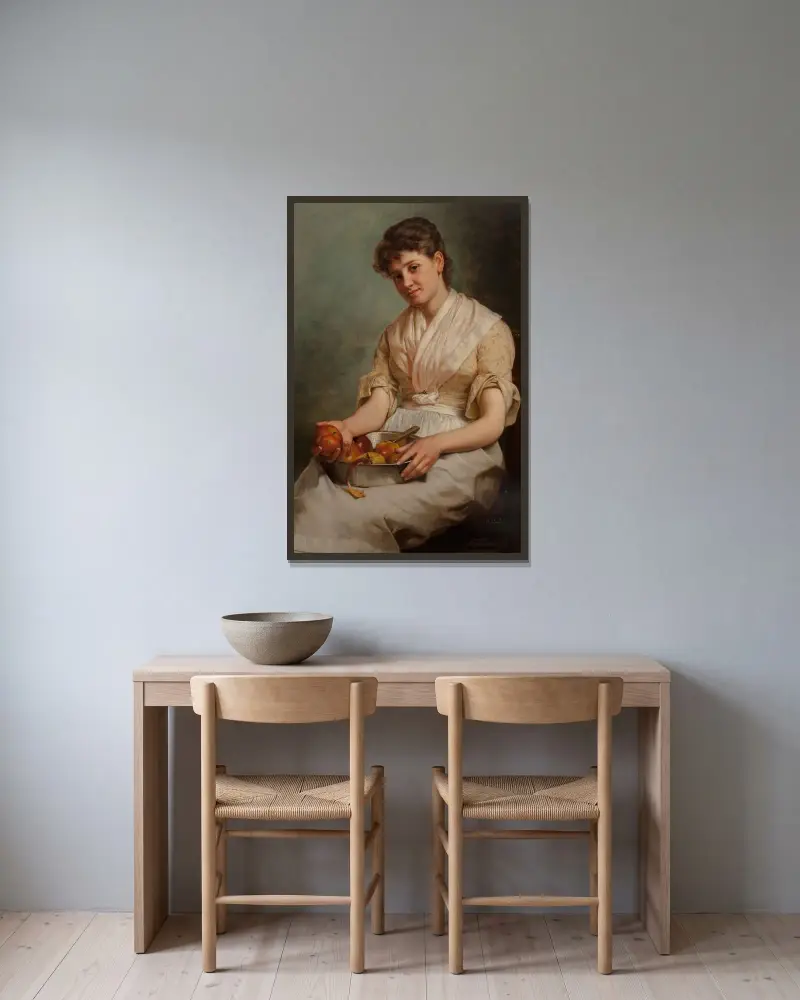 Flicka skalär äpplen av John George Brown inramad på en vägg