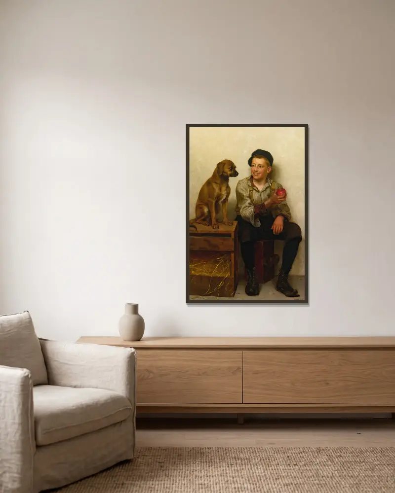 Spielerei mit dem Welpen von John George Brown gerahmt an einer Wand