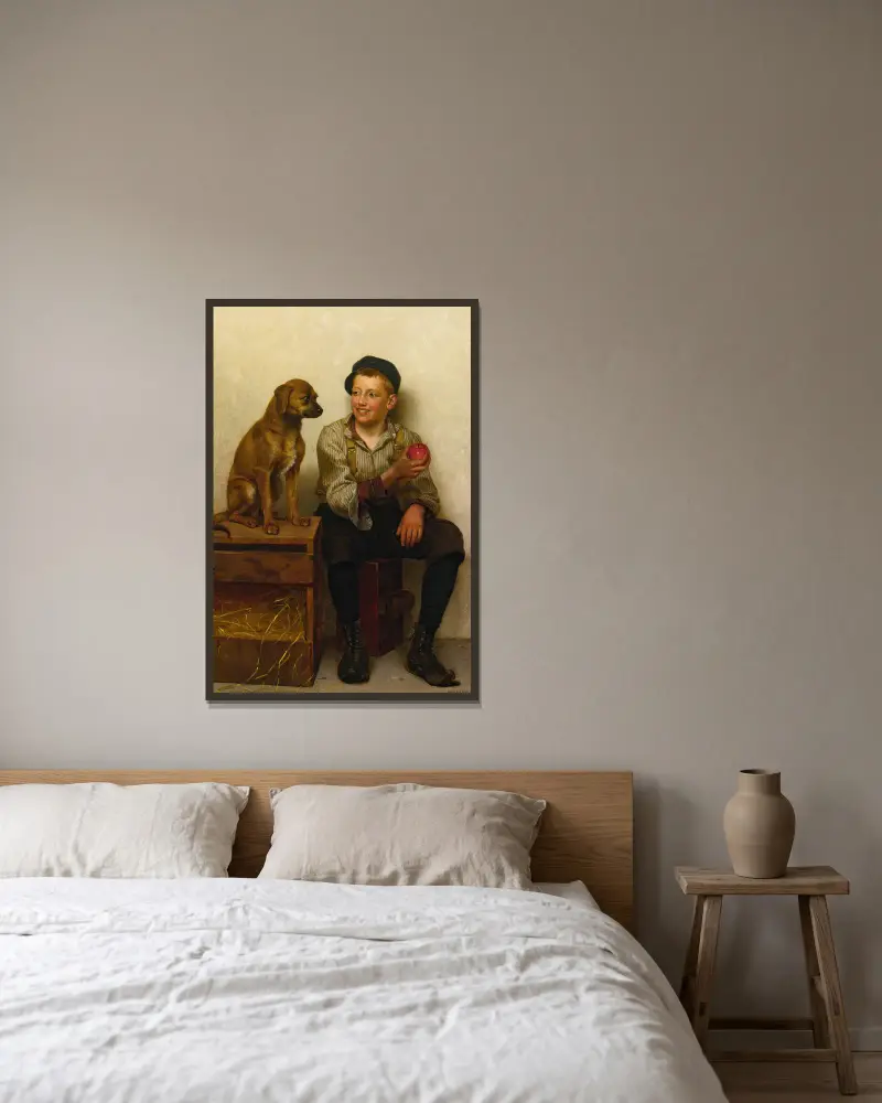 Spielerei mit dem Welpen von John George Brown gerahmt an einer Wand