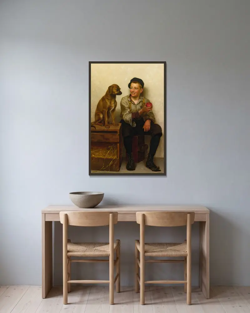 Spielerei mit dem Welpen von John George Brown gerahmt an einer Wand