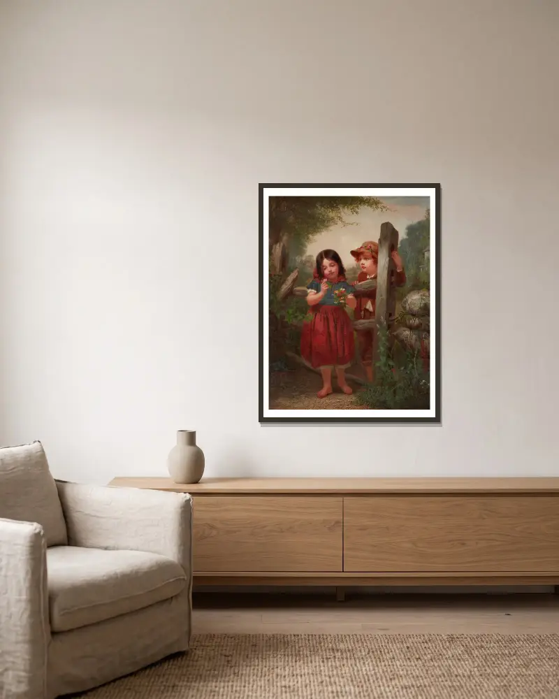 Der Blumenstrauß von John George Brown gerahmt an einer Wand