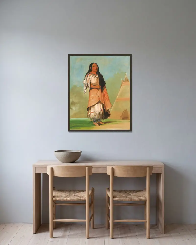Ah’-Kay-Ee-Pix-En, Woman Who Strikes Many av George Catlin inramad på en vägg