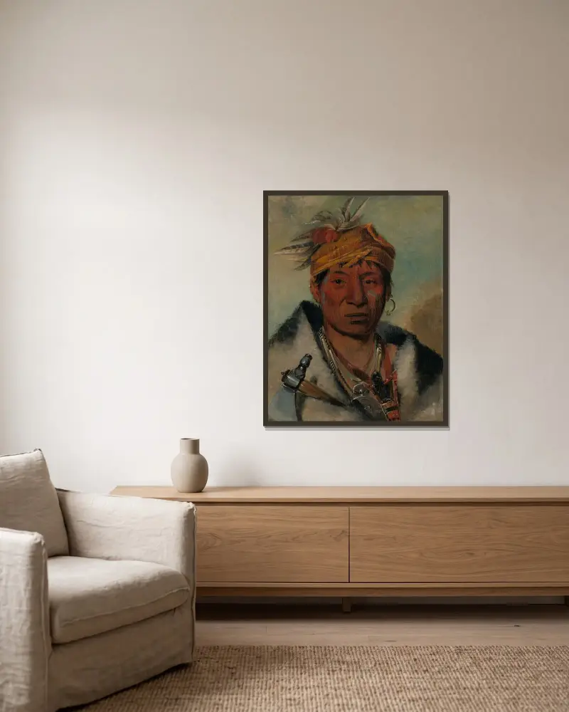 Ah-Yaw-Ne-Tak-Oár-Ron, a Warrior av George Catlin inramad på en vägg
