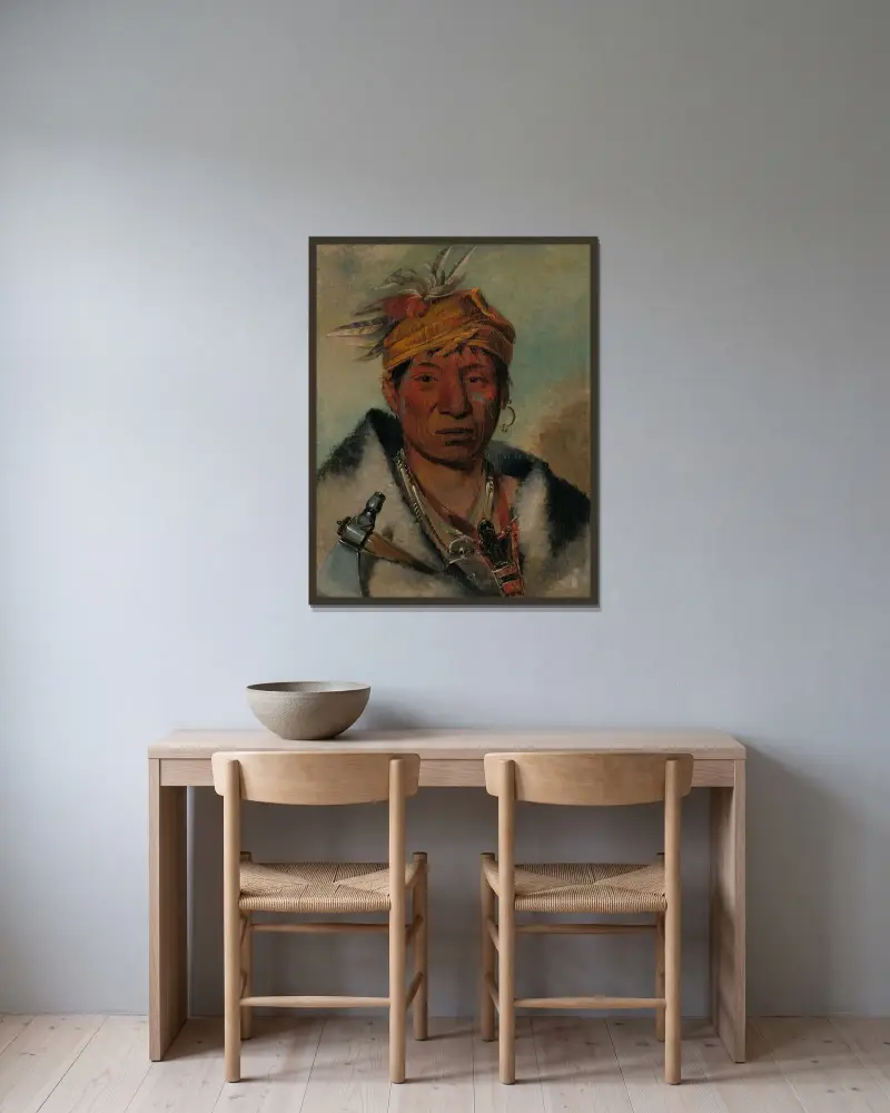 Ah-Yaw-Ne-Tak-Oár-Ron, a Warrior av George Catlin inramad på en vägg