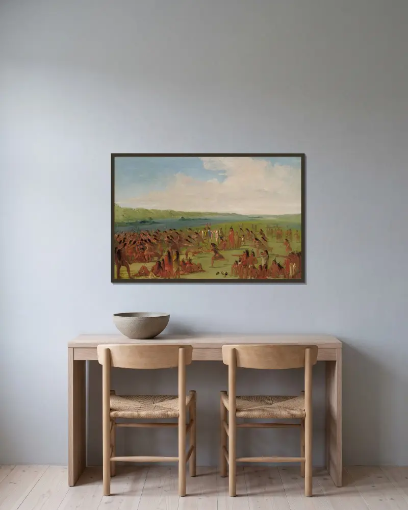 Ballspiel der Frauen, Prairie du Chien von George Catlin gerahmt an einer Wand