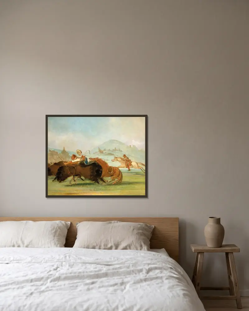 Batiste och jag springande buffel, Yellowstones mynning av George Catlin inramad på en vägg
