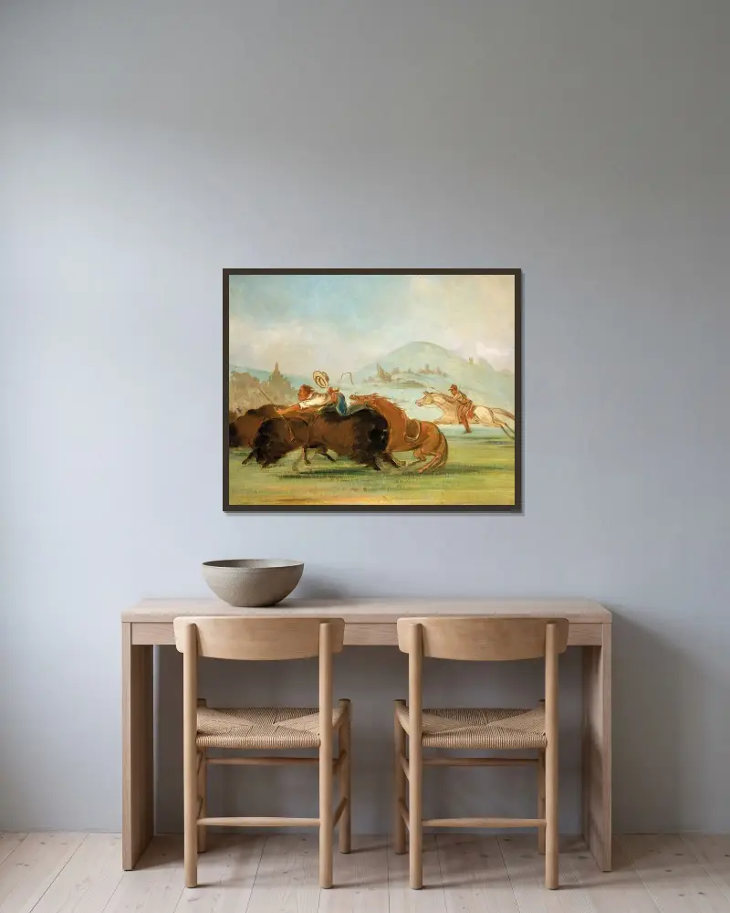 Batiste och jag springande buffel, Yellowstones mynning av George Catlin inramad på en vägg