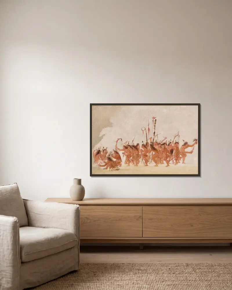 Kriegstanz der Ojibwa von George Catlin gerahmt an einer Wand