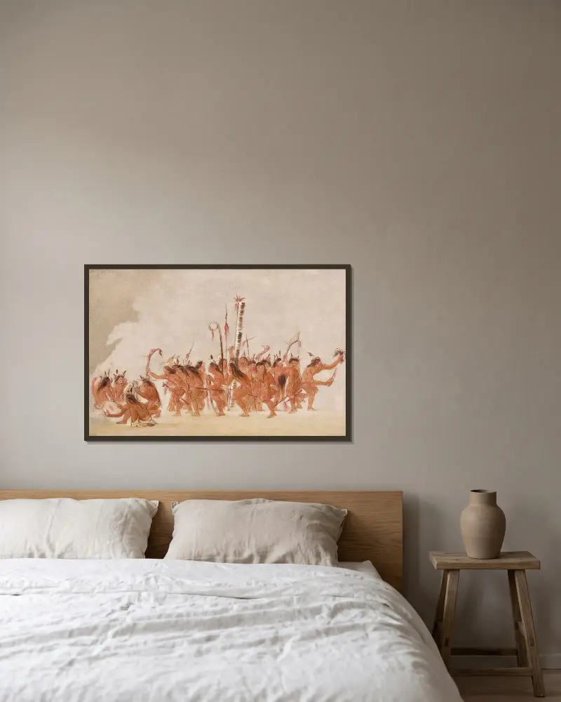 Kriegstanz der Ojibwa von George Catlin gerahmt an einer Wand
