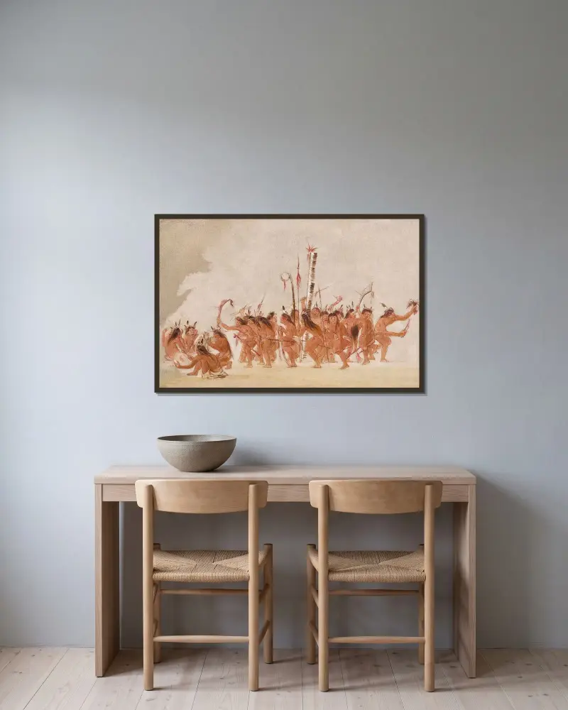 Kriegstanz der Ojibwa von George Catlin gerahmt an einer Wand