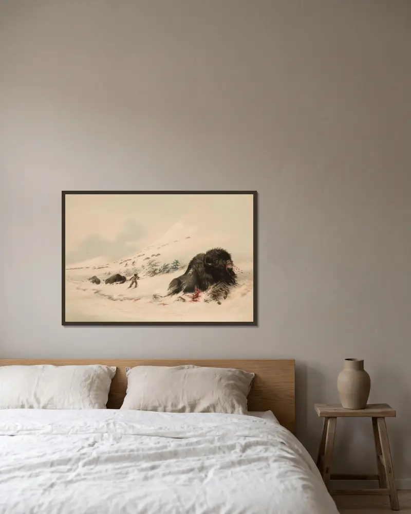 Buffel, i snödriva av George Catlin inramad på en vägg