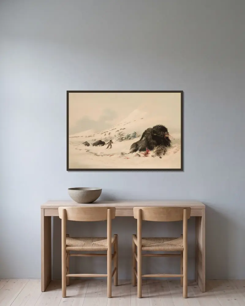 Buffel, i snödriva av George Catlin inramad på en vägg