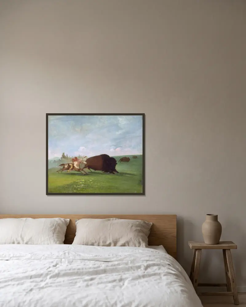 Buffeljakt, en ensam död av George Catlin inramad på en vägg