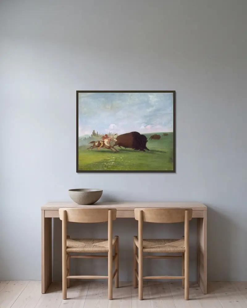 Buffeljakt, en ensam död av George Catlin inramad på en vägg