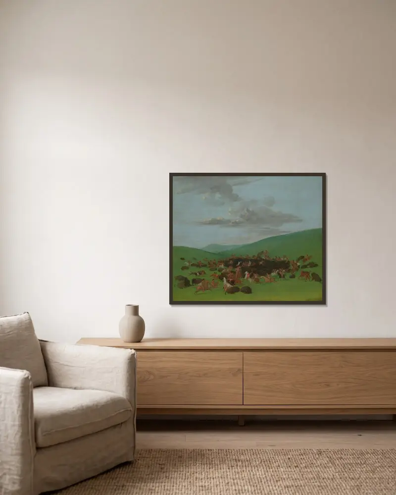 Buffalo Chase, A Surround by the Hidatsa av George Catlin inramad på en vägg