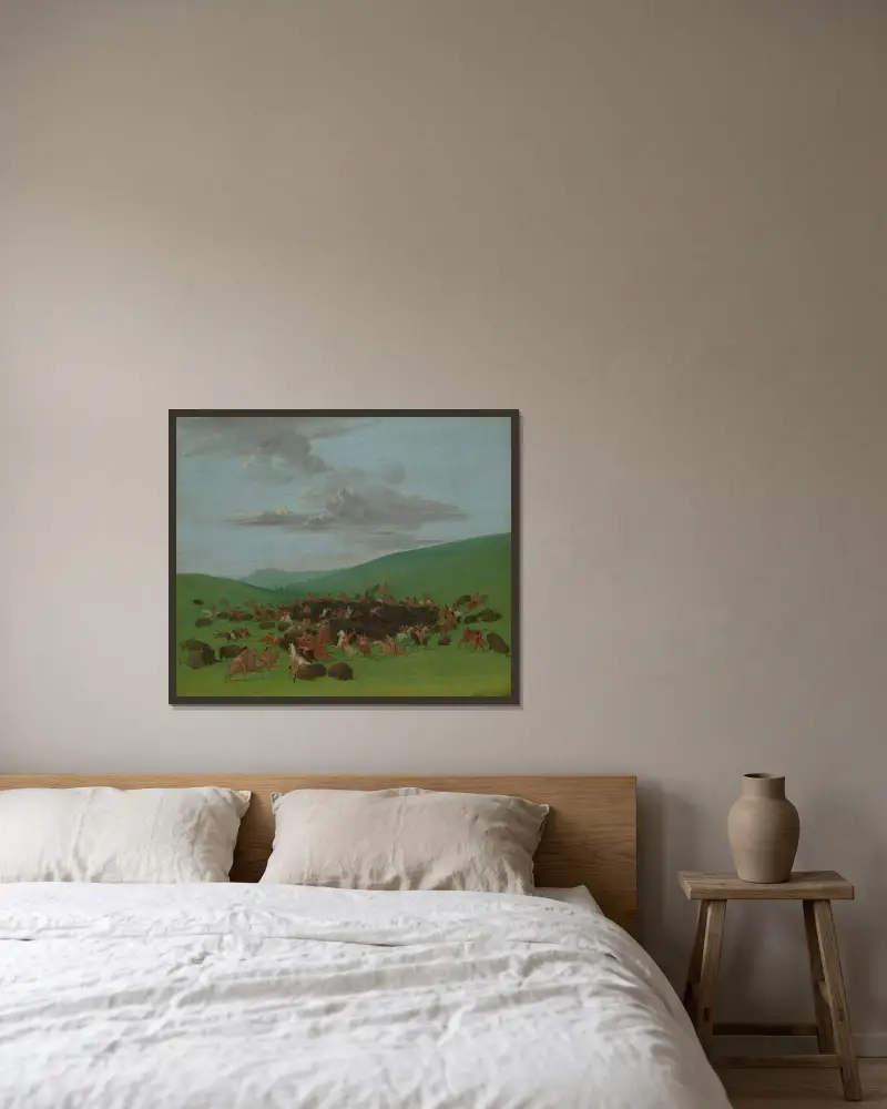 Buffalo Chase, A Surround by the Hidatsa av George Catlin inramad på en vägg