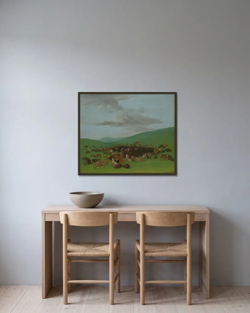 Buffalo Chase, A Surround by the Hidatsa av George Catlin inramad på en vägg
