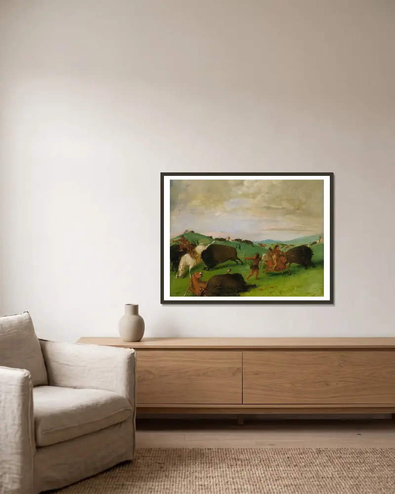 Buffalo Chase, Bulls Making Battle With Men And Horses av George Catlin inramad på en vägg