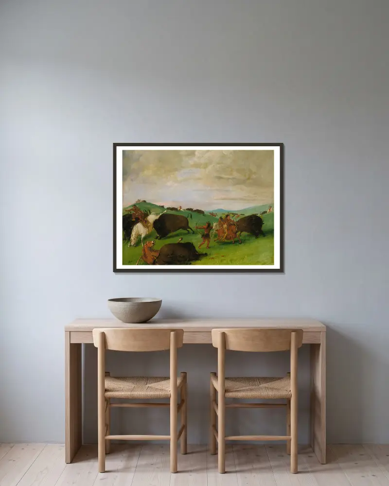 Buffalo Chase, Bulls Making Battle With Men And Horses av George Catlin inramad på en vägg