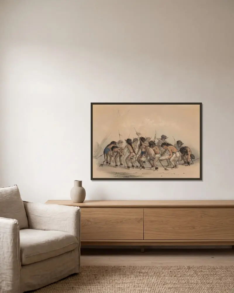 Buffel dans av George Catlin inramad på en vägg