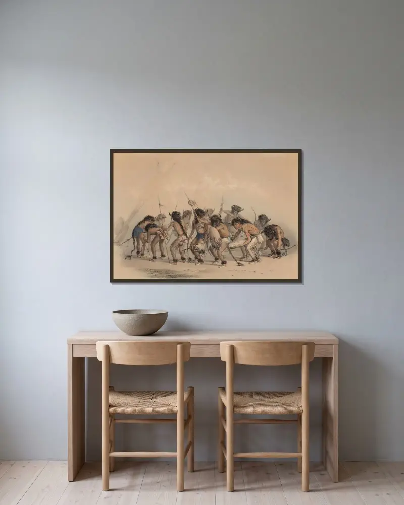 Buffel dans av George Catlin inramad på en vägg