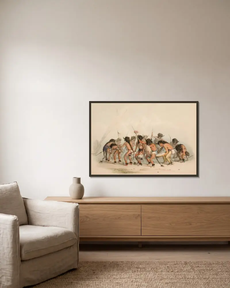 Buffel dans av George Catlin inramad på en vägg