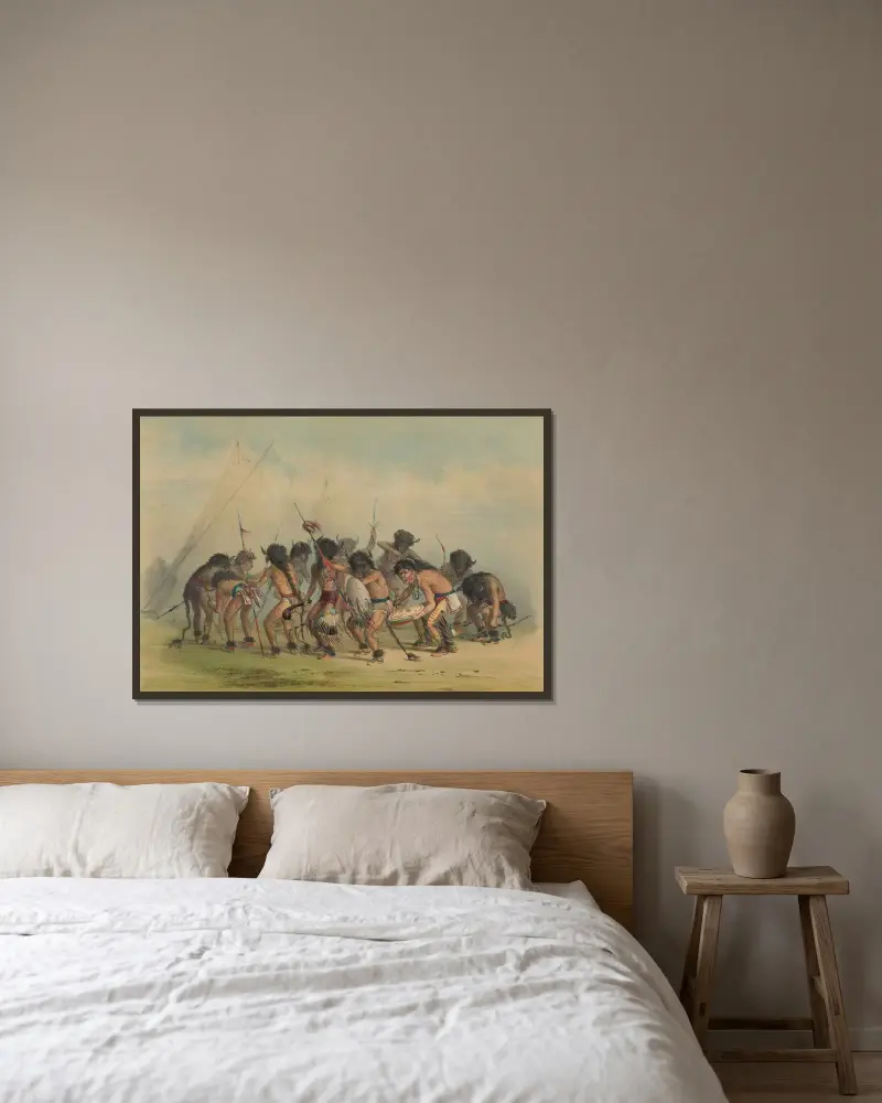 Buffel dans av George Catlin inramad på en vägg