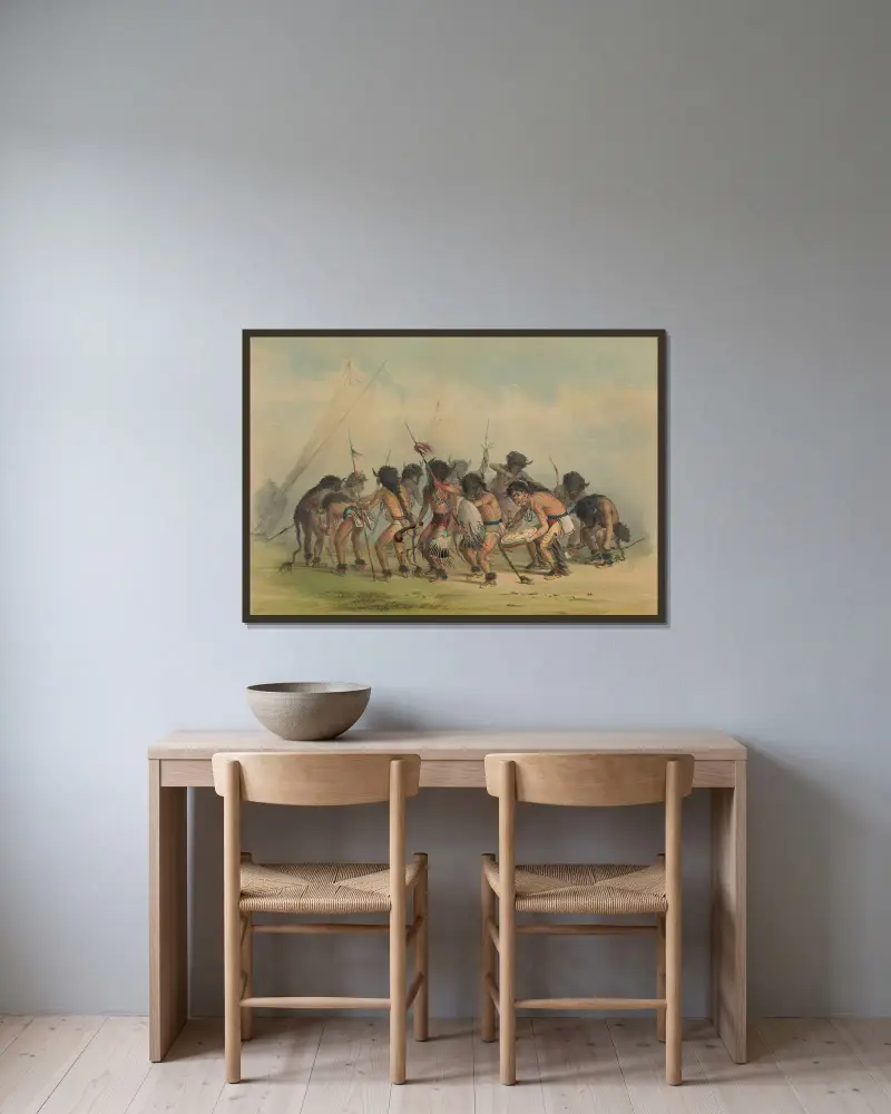 Buffel dans av George Catlin inramad på en vägg